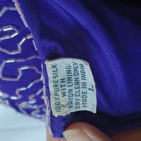 VTG Laurence Kazar Women's Sz L Silk Beaded Sheath Dress Short Sleeve Purple - Picture 7 of 8